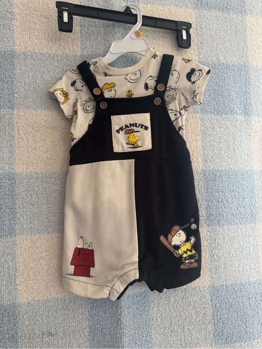 Peanuts Baby Colorblock Shortall with Snoopy Tee - Black & Cream